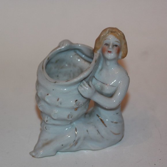 Vintage Porcelain Lady Holding Seashell Vase Small Pen Toothpick Holder - Picture 1 of 4